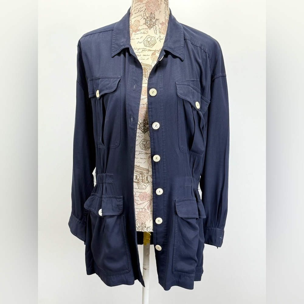 LIZ SPORT Navy Button-Up tie waist Utility Jacket size M